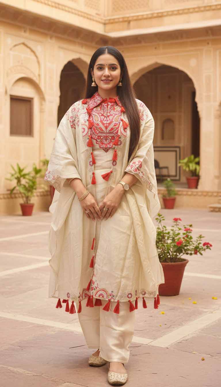 Ivory Scarlet Embroidered Kaftan Coord Set